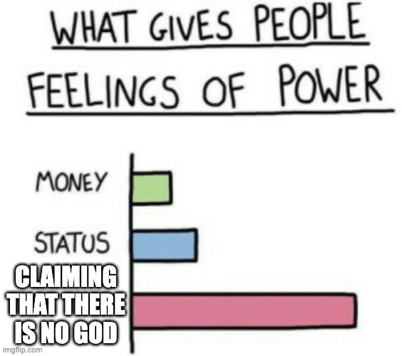 What Gives People Feelings of Power | CLAIMING THAT THERE IS NO GOD | image tagged in what gives people feelings of power,atheism,christianity | made w/ Imgflip meme maker
