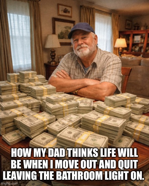How dads think | HOW MY DAD THINKS LIFE WILL BE WHEN I MOVE OUT AND QUIT LEAVING THE BATHROOM LIGHT ON. | image tagged in dad joke,dad joke meme,funny memes,think about it,father and son,dad joke dog | made w/ Imgflip meme maker