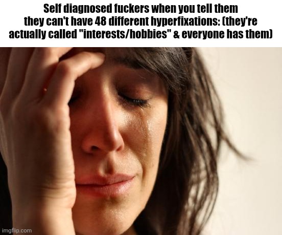An ACTUALLY funny meme by u/1Lemon-nomeL1? | Self diagnosed fuckers when you tell them they can't have 48 different hyperfixations: (they're actually called "interests/hobbies" & everyone has them) | image tagged in memes,first world problems,stop reading the fucking tags dumbass | made w/ Imgflip meme maker