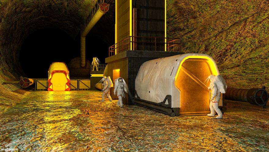 Futuristic habitat structures inside a vast lunar lava tube
