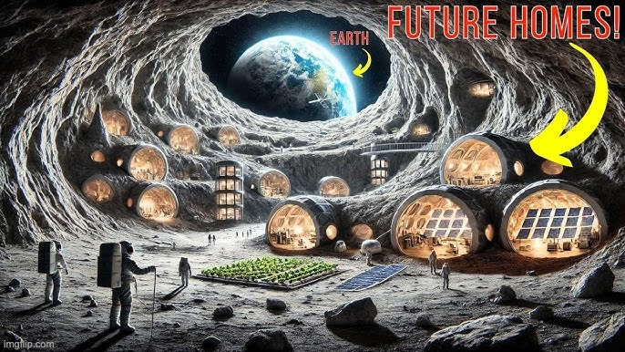 Lunar Lava Tube Town concept with illuminated habitats inside the tube