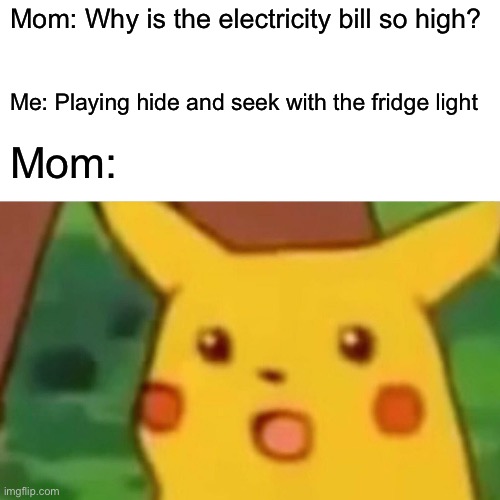 Surprised Pikachu Meme | Mom: Why is the electricity bill so high? Me: Playing hide and seek with the fridge light; Mom: | image tagged in memes,surprised pikachu | made w/ Imgflip meme maker