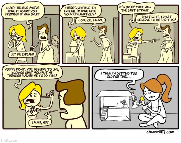 image tagged in comics,channelate,couple,argument,doll house,make believe | made w/ Imgflip meme maker