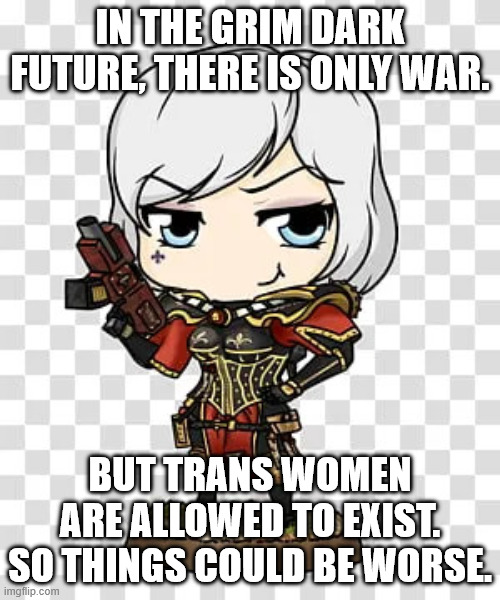 transfemme 40k | IN THE GRIM DARK FUTURE, THERE IS ONLY WAR. BUT TRANS WOMEN ARE ALLOWED TO EXIST. SO THINGS COULD BE WORSE. | image tagged in chibi sister of battle | made w/ Imgflip meme maker