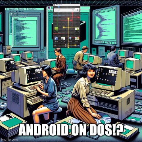 Android on old computer | ANDROID ON DOS!? | image tagged in amidst the early dos and windows operating system days | made w/ Imgflip meme maker