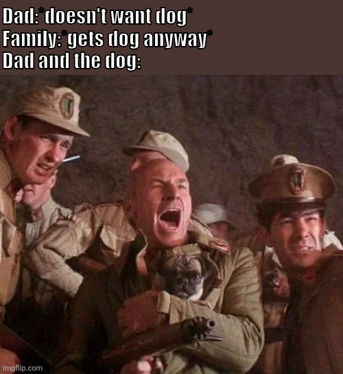 True story! | Dad:*doesn't want dog*
Family:*gets dog anyway*
Dad and the dog: | image tagged in dune battle pug | made w/ Imgflip meme maker