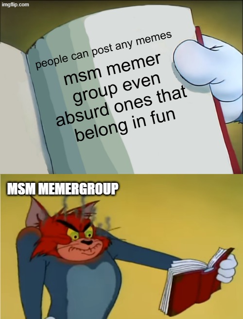 what the hell msm memer group | people can post any memes; msm memer group even absurd ones that belong in fun; MSM MEMERGROUP | image tagged in angry tom reading book,msm memer group | made w/ Imgflip meme maker