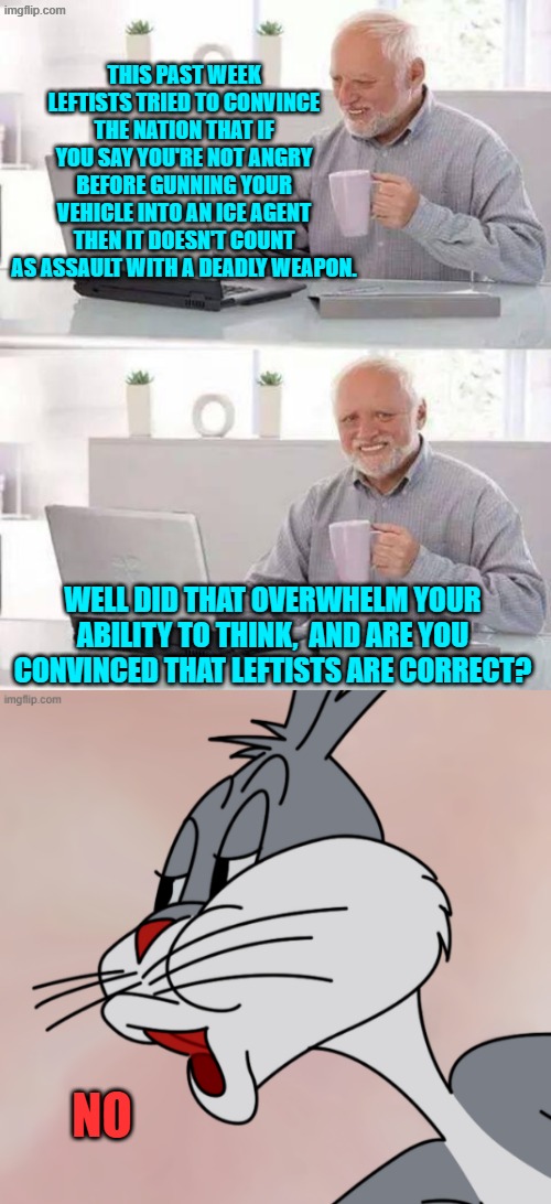 Other than the insane and the stupid -- that is, Dem Party voters -- no one is believing you leftists. | THIS PAST WEEK LEFTISTS TRIED TO CONVINCE THE NATION THAT IF YOU SAY YOU'RE NOT ANGRY BEFORE GUNNING YOUR VEHICLE INTO AN ICE AGENT THEN IT DOESN'T COUNT AS ASSAULT WITH A DEADLY WEAPON. WELL DID THAT OVERWHELM YOUR ABILITY TO THINK,  AND ARE YOU CONVINCED THAT LEFTISTS ARE CORRECT? NO | image tagged in hide the pain harold | made w/ Imgflip meme maker