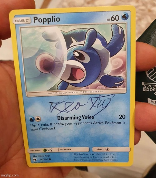 Chat someone got their popplio card (one of my fav starters) signed by Pope Leo lol | image tagged in popplio,pope leo | made w/ Imgflip meme maker