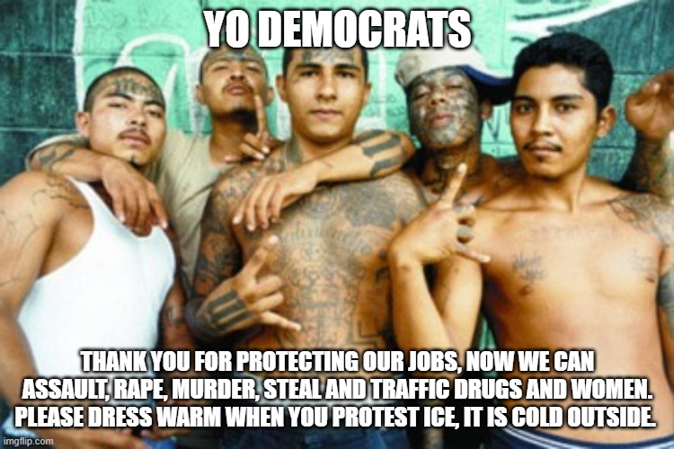 Thank you democrats | YO DEMOCRATS; THANK YOU FOR PROTECTING OUR JOBS, NOW WE CAN ASSAULT, RAPE, MURDER, STEAL AND TRAFFIC DRUGS AND WOMEN. PLEASE DRESS WARM WHEN YOU PROTEST ICE, IT IS COLD OUTSIDE. | image tagged in mexican gang members,human trafficking,drug addiction,illegal immigration,pro crime protestors,democrat war on america | made w/ Imgflip meme maker