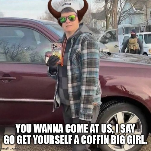 Renee good | YOU WANNA COME AT US, I SAY GO GET YOURSELF A COFFIN BIG GIRL. | image tagged in funny | made w/ Imgflip meme maker