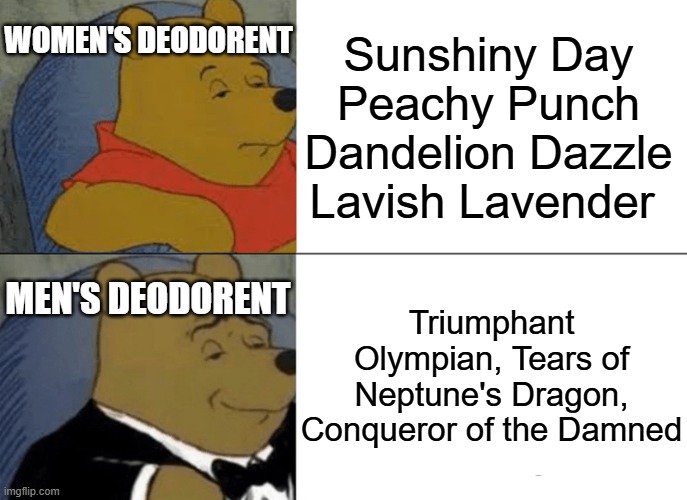 What's up with Men's deodorants having the most volatile names possible? (PS: I spelled it wrong) | WOMEN'S DEODORENT; Sunshiny Day Peachy Punch Dandelion Dazzle Lavish Lavender; Triumphant Olympian, Tears of Neptune's Dragon, Conqueror of the Damned; MEN'S DEODORENT | image tagged in memes,funny,winnie the pooh,deodorant,men vs women | made w/ Imgflip meme maker