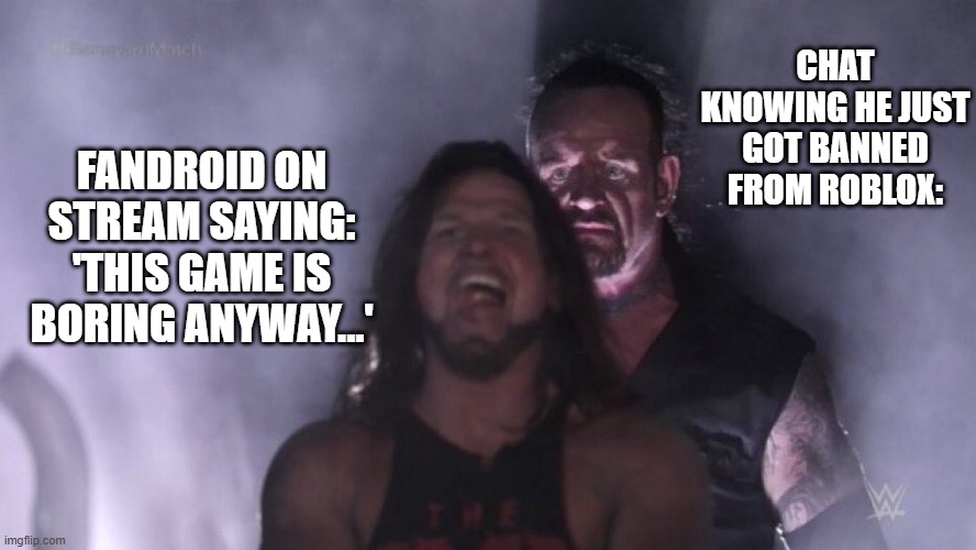 Fandroid lie anyway | CHAT KNOWING HE JUST GOT BANNED FROM ROBLOX:; FANDROID ON STREAM SAYING: 'THIS GAME IS BORING ANYWAY...' | image tagged in aj styles undertaker | made w/ Imgflip meme maker