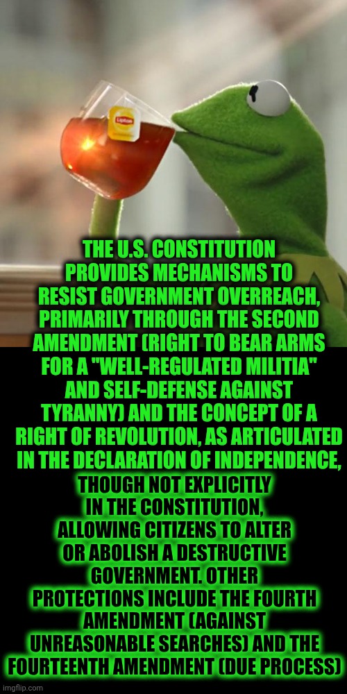 THE U.S. CONSTITUTION PROVIDES MECHANISMS TO RESIST GOVERNMENT OVERREACH | THE U.S. CONSTITUTION PROVIDES MECHANISMS TO RESIST GOVERNMENT OVERREACH, PRIMARILY THROUGH THE SECOND AMENDMENT (RIGHT TO BEAR ARMS FOR A "WELL-REGULATED MILITIA" AND SELF-DEFENSE AGAINST TYRANNY) AND THE CONCEPT OF A RIGHT OF REVOLUTION, AS ARTICULATED IN THE DECLARATION OF INDEPENDENCE, THOUGH NOT EXPLICITLY IN THE CONSTITUTION, ALLOWING CITIZENS TO ALTER OR ABOLISH A DESTRUCTIVE GOVERNMENT. OTHER PROTECTIONS INCLUDE THE FOURTH AMENDMENT (AGAINST UNREASONABLE SEARCHES) AND THE FOURTEENTH AMENDMENT (DUE PROCESS) | image tagged in memes,but that's none of my business,kermit the frog,second amendment,civil rights,maga murderers | made w/ Imgflip meme maker