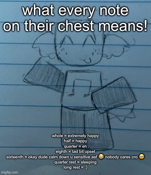 for those who actually care btw. anyways i woke up l8 so im giving them trauma. | what every note on their chest means! whole = extremely happy
half = happy
quarter = eh
eighth = tad bit upset
sixteenth = okay dude calm down u sensitive asf 😭 nobody cares cro 🥹
quarter rest = sleeping
long rest = :) | made w/ Imgflip meme maker