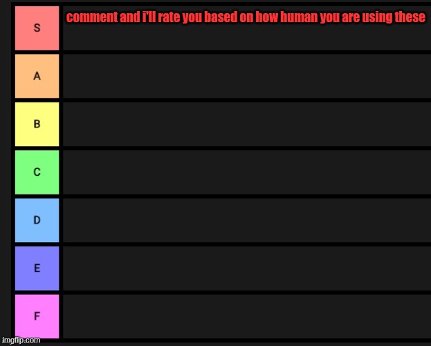 my turn or smt idk | comment and i'll rate you based on how human you are using these | image tagged in tier list | made w/ Imgflip meme maker