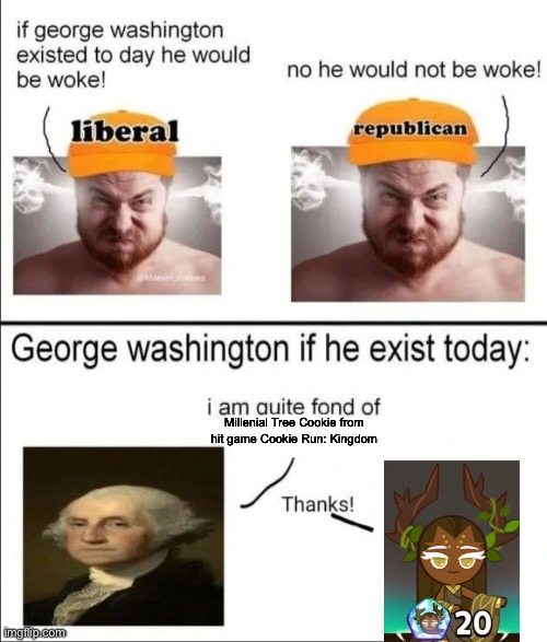 Uh idk | Millenial Tree Cookie from hit game Cookie Run: Kingdom | image tagged in george washington if he existed today | made w/ Imgflip meme maker