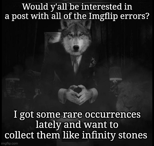 Wolf on a chair | Would y'all be interested in a post with all of the Imgflip errors? I got some rare occurrences lately and want to collect them like infinity stones | image tagged in wolf on a chair | made w/ Imgflip meme maker