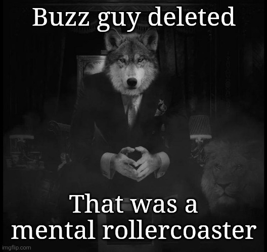 I had a memechat with them and they deleted | Buzz guy deleted; That was a mental rollercoaster | image tagged in wolf on a chair | made w/ Imgflip meme maker