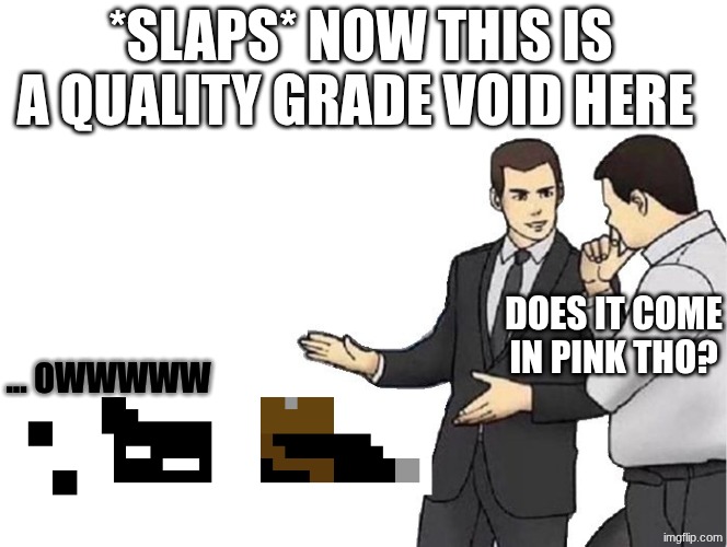 Car Salesman Slaps Hood | *SLAPS* NOW THIS IS A QUALITY GRADE VOID HERE; DOES IT COME IN PINK THO? ... OWWWWW | image tagged in memes,car salesman slaps hood | made w/ Imgflip meme maker