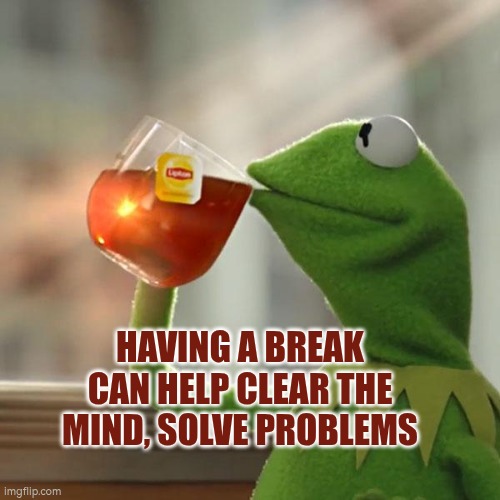 Having a break can help clear the mind, solve problems | HAVING A BREAK CAN HELP CLEAR THE MIND, SOLVE PROBLEMS | image tagged in kermit frog tea,relaxing,autism,problem solving,working,thoughts | made w/ Imgflip meme maker