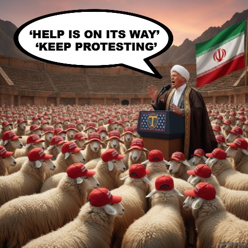 MAKE IRAN GREAT AGAIN | ‘HELP IS ON ITS WAY’ 
‘KEEP PROTESTING’ | image tagged in trump,maga,iran,protest,murder,ice | made w/ Imgflip meme maker