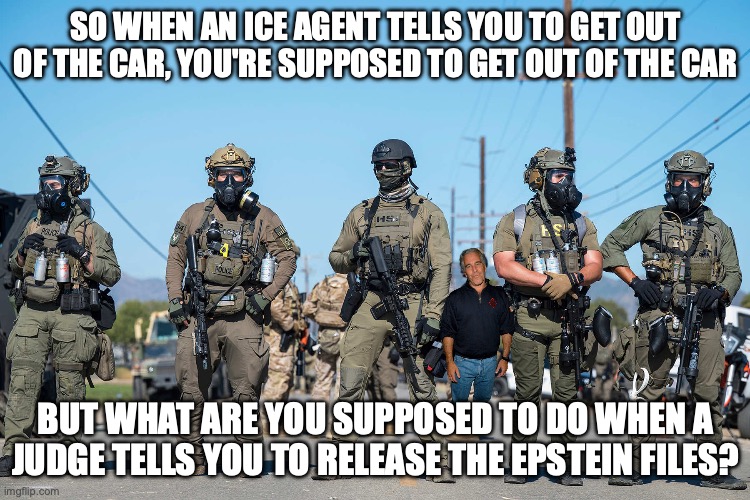 Follow orders! | SO WHEN AN ICE AGENT TELLS YOU TO GET OUT OF THE CAR, YOU'RE SUPPOSED TO GET OUT OF THE CAR; BUT WHAT ARE YOU SUPPOSED TO DO WHEN A JUDGE TELLS YOU TO RELEASE THE EPSTEIN FILES? | image tagged in masked ice agents trump's secret police gestapo anti-american,jeffrey epstein,epstein files,krist noem,donald trump | made w/ Imgflip meme maker