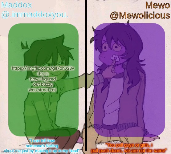 NOBODY else in this stream uses T_T besides him | https://imgflip.com/gif/ah928v
this is how i figured out buzzy was street rat | image tagged in mewo and maddox deltarune shared temp | made w/ Imgflip meme maker