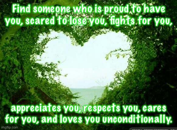 S.O. Criteria | Find someone who is proud to have you, scared to lose you, fights for you, appreciates you, respects you, cares for you, and loves you unconditionally. | image tagged in nature heart | made w/ Imgflip meme maker