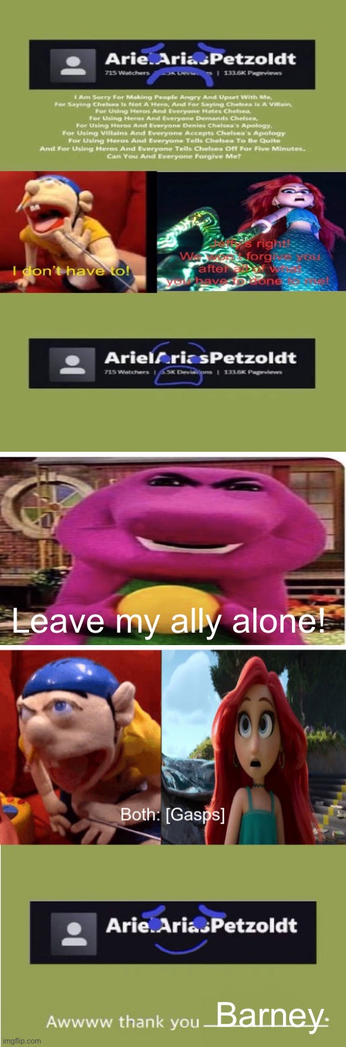 Barney is ArielAriasPetzoldt’s ally?! (for Kingredspyredx; no credit to ArielAriasPetzoldt) | Leave my ally alone! Barney | image tagged in barney,arielariaspetzoldt,jeffy | made w/ Imgflip meme maker