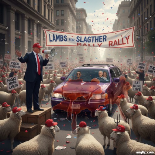 EAT MORE LAMB | image tagged in trump,maga,protest,jeffrey epstein,ice,slaughter | made w/ Imgflip meme maker