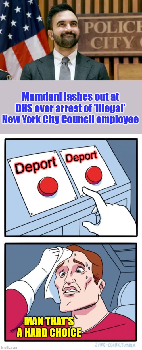His face is so punch able, he's just begging for it with his smirks. It could happen.. | Mamdani lashes out at DHS over arrest of 'illegal' New York City Council employee; Deport; Deport; MAN THAT'S A HARD CHOICE | image tagged in memes,two buttons | made w/ Imgflip meme maker