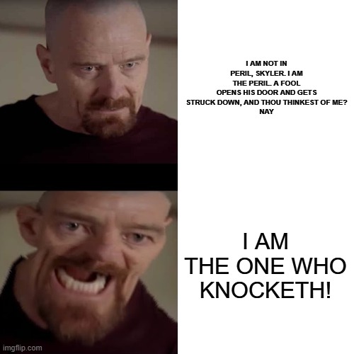 Drake Hotline Bling Meme | I AM NOT IN PERIL, SKYLER. I AM THE PERIL. A FOOL OPENS HIS DOOR AND GETS STRUCK DOWN, AND THOU THINKEST OF ME?
NAY; I AM THE ONE WHO KNOCKETH! | image tagged in memes,drake hotline bling | made w/ Imgflip meme maker
