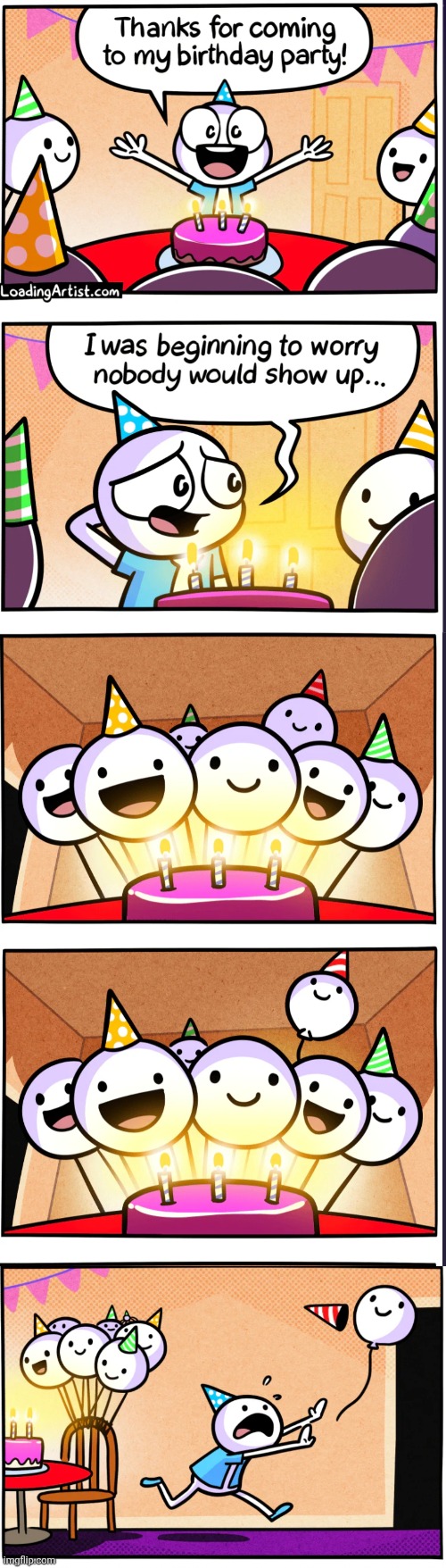 image tagged in comics,loadingartist,birthday party,balloons,party,lonely | made w/ Imgflip meme maker