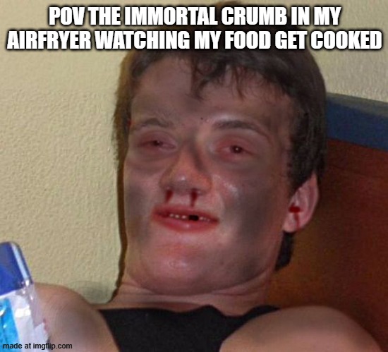 Burnt 10 Guy | POV THE IMMORTAL CRUMB IN MY AIRFRYER WATCHING MY FOOD GET COOKED | image tagged in burnt 10 guy | made w/ Imgflip meme maker