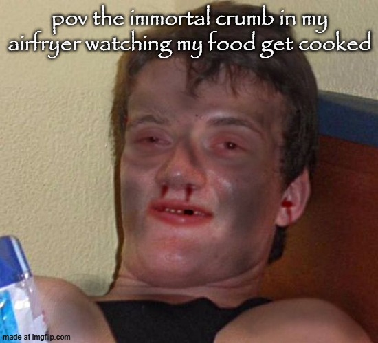 Burnt 10 Guy | pov the immortal crumb in my airfryer watching my food get cooked | image tagged in burnt 10 guy | made w/ Imgflip meme maker