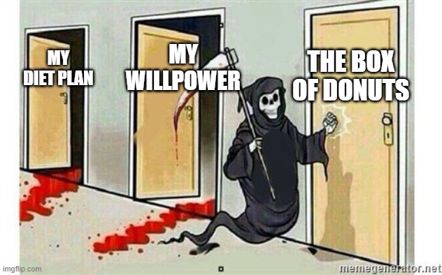 Diet Fail | THE BOX OF DONUTS; MY WILLPOWER; MY DIET PLAN | image tagged in grim reaper knocking door | made w/ Imgflip meme maker
