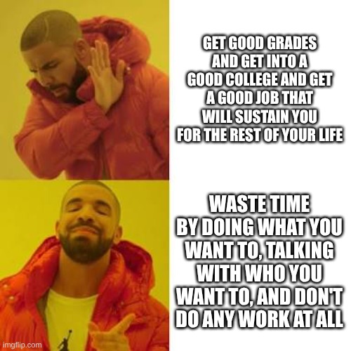 Drake No/Yes | GET GOOD GRADES AND GET INTO A GOOD COLLEGE AND GET A GOOD JOB THAT WILL SUSTAIN YOU FOR THE REST OF YOUR LIFE; WASTE TIME BY DOING WHAT YOU WANT TO, TALKING WITH WHO YOU WANT TO, AND DON'T DO ANY WORK AT ALL | image tagged in drake no/yes | made w/ Imgflip meme maker