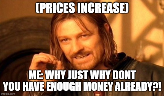 One Does Not Simply Meme | (PRICES INCREASE); ME: WHY JUST WHY DONT YOU HAVE ENOUGH MONEY ALREADY?! | image tagged in memes,one does not simply | made w/ Imgflip meme maker