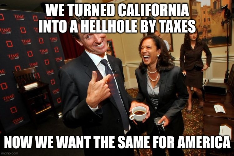 Gavin Newsom Kamala Harris | WE TURNED CALIFORNIA INTO A HELLHOLE BY TAXES; NOW WE WANT THE SAME FOR AMERICA | image tagged in gavin newsom kamala harris | made w/ Imgflip meme maker
