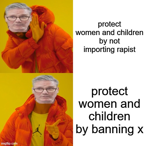 Drake Hotline Bling | protect women and children by not importing rapist; protect women and children by banning x | image tagged in memes,drake hotline bling | made w/ Imgflip meme maker