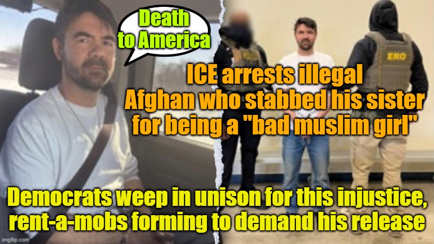 His sister should've stepped out of the way of the knife | Death to America; ICE arrests illegal Afghan who stabbed his sister for being a "bad muslim girl"; Democrats weep in unison for this injustice, rent-a-mobs forming to demand his release | image tagged in illegal immigration,ice,deportation,muslims,protests | made w/ Imgflip meme maker