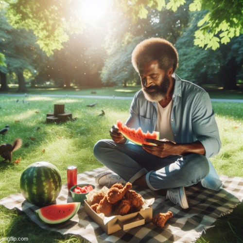 sigma black man eating fried chicken and watermelon | image tagged in sigma black man eating fried chicken and watermelon | made w/ Imgflip meme maker