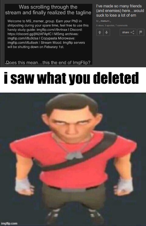i saw what you deleted | image tagged in i saw what you deleted scout | made w/ Imgflip meme maker