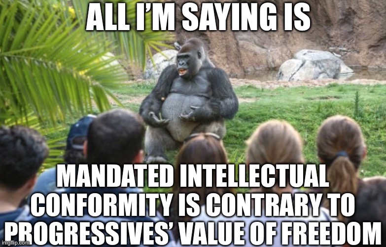 ted talk gorilla | ALL I’M SAYING IS; MANDATED INTELLECTUAL CONFORMITY IS CONTRARY TO PROGRESSIVES’ VALUE OF FREEDOM | image tagged in ted talk gorilla | made w/ Imgflip meme maker