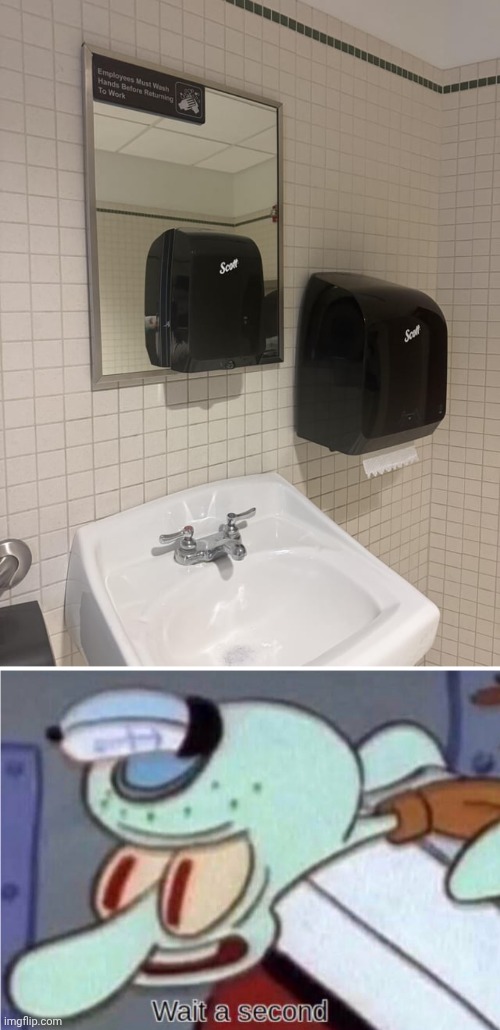 Soap dispenser on the mirror | image tagged in squidward wait a second,soap dispenser,mirror,memes,you had one job,soap | made w/ Imgflip meme maker