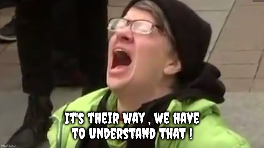 Screaming Liberal  | It's their way , we have
to understand that ! | image tagged in screaming liberal | made w/ Imgflip meme maker