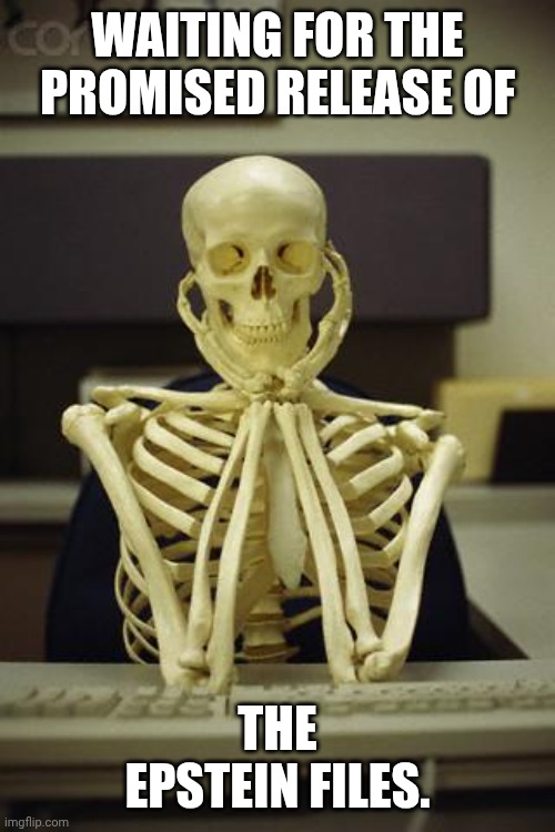 They're hoping we either die off or forget | WAITING FOR THE PROMISED RELEASE OF; THE EPSTEIN FILES. | image tagged in waiting skeleton,jeffrey epstein,epstein files,donald trump,pedophiles | made w/ Imgflip meme maker