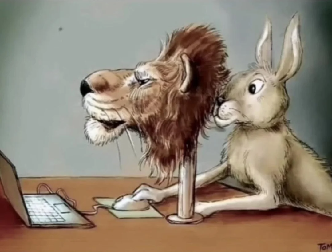 Rabbit hiding behind Lion mask typing on laptop Blank Meme Template