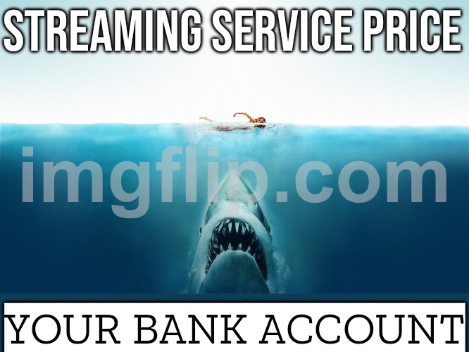 STREAMING SERVICE PRICE; YOUR BANK ACCOUNT | STREAMING SERVICE PRICE; YOUR BANK ACCOUNT | image tagged in jaws,bank account,streaming,netflix,bank,paycheck | made w/ Imgflip meme maker